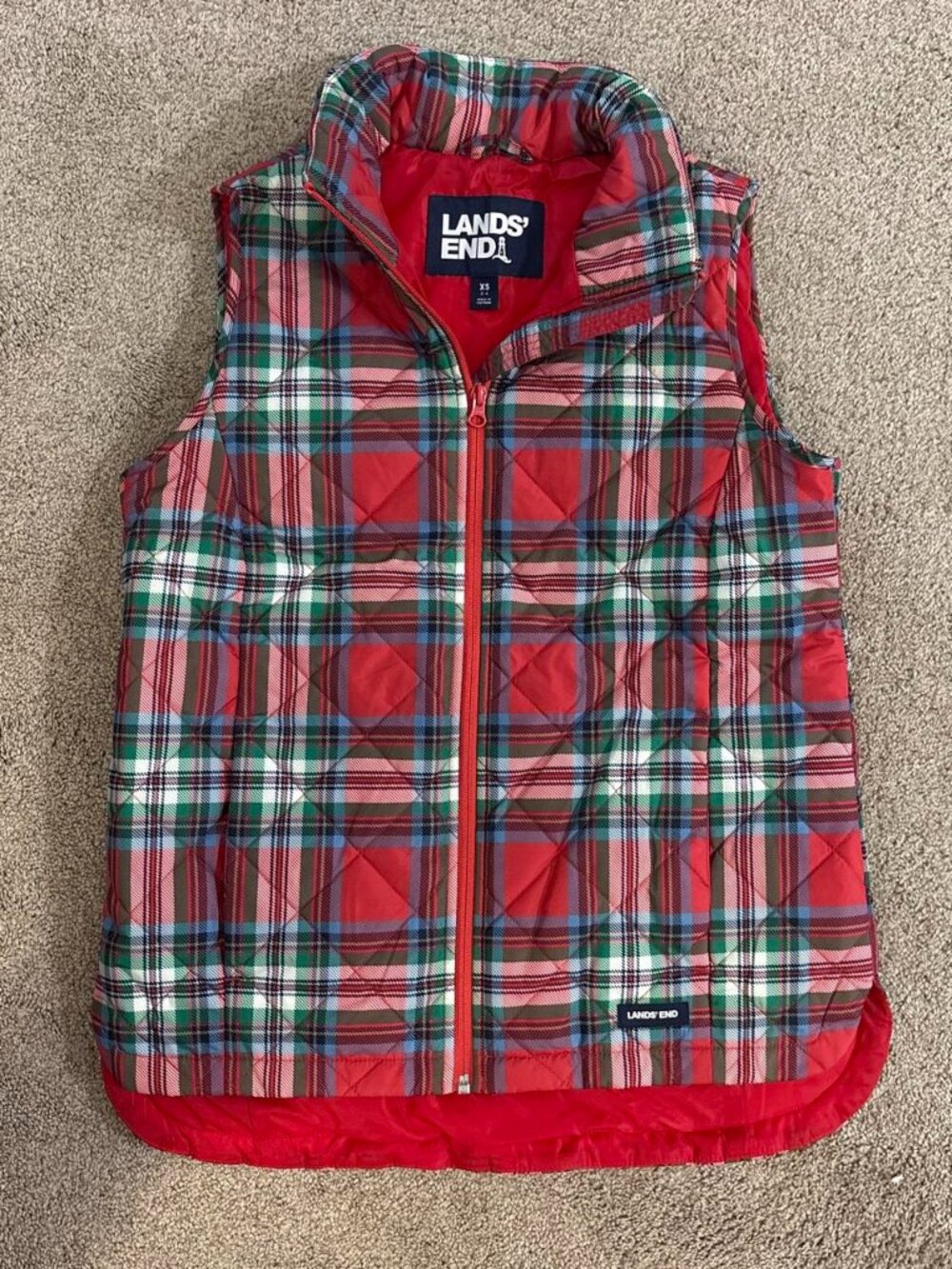 Lands' End Red & Green Plaid Quilted Vest with Pockets